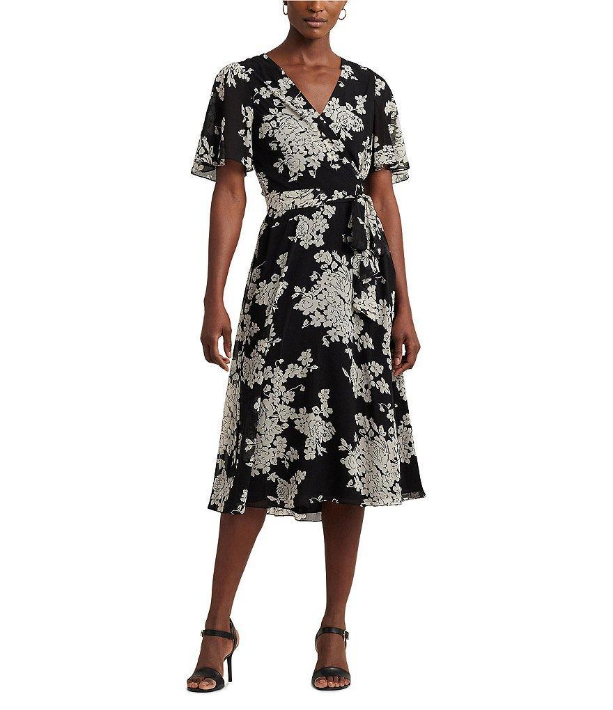 Lauren Ralph Lauren Crinkle Georgette Floral Print Surplice V-Neck Short Sleeve Midi Dress Product Image