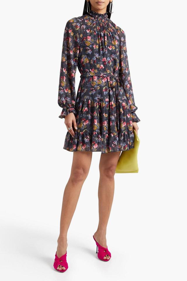 Daija Belted Tiered Floral-print Chiffon Mini Dress In Charcoal Product Image