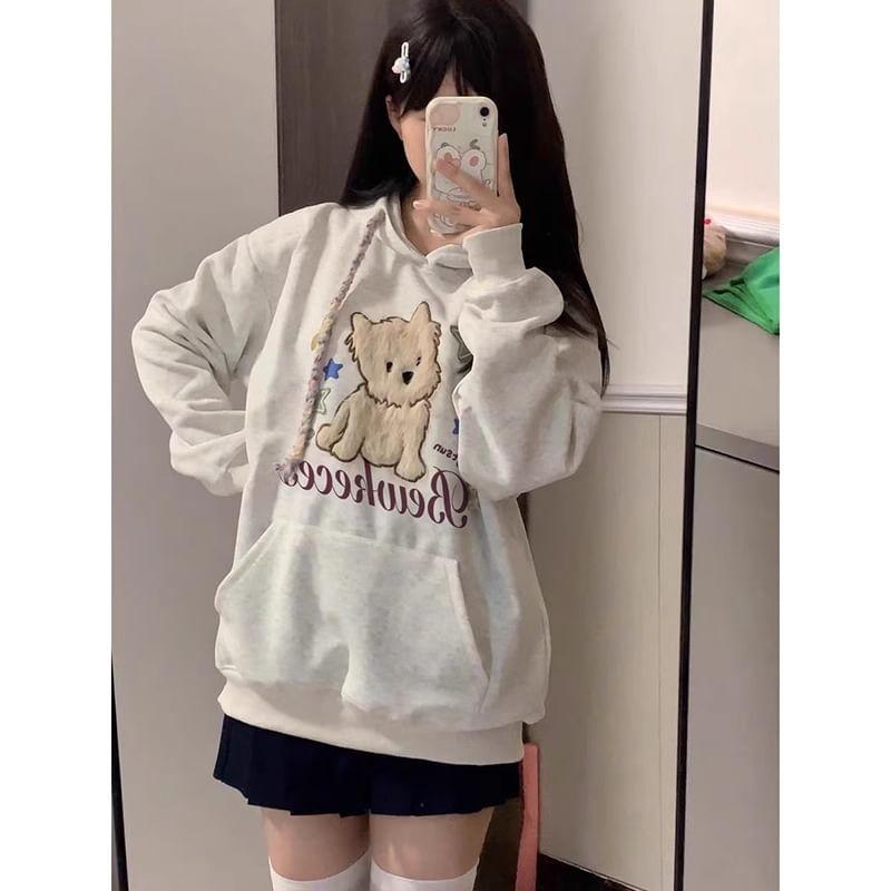 Long-Sleeve Crew Neck Dog Embroidered Hoodie Product Image