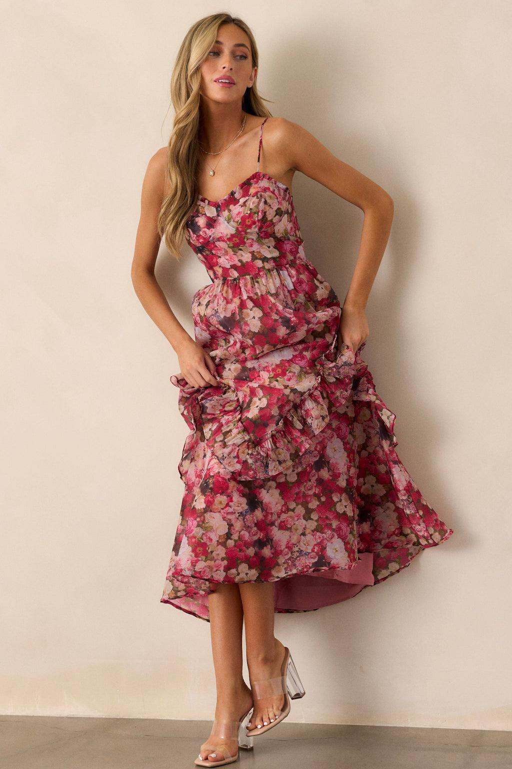 Honey Bee Pink Floral Ruffle Midi Dress Product Image