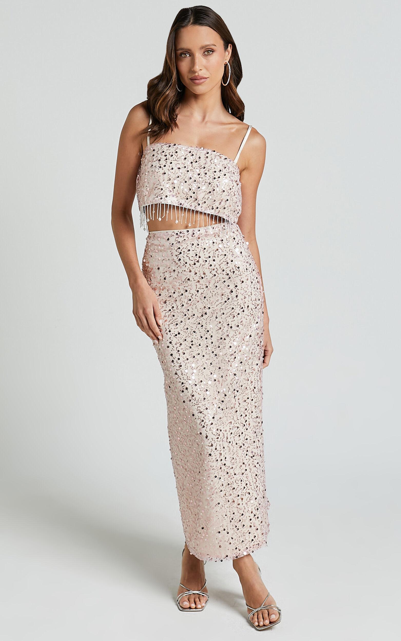 Anna Two Piece Set - Tassel Crop Top and Midi Skirt Sequin Set in Pale Pink Product Image