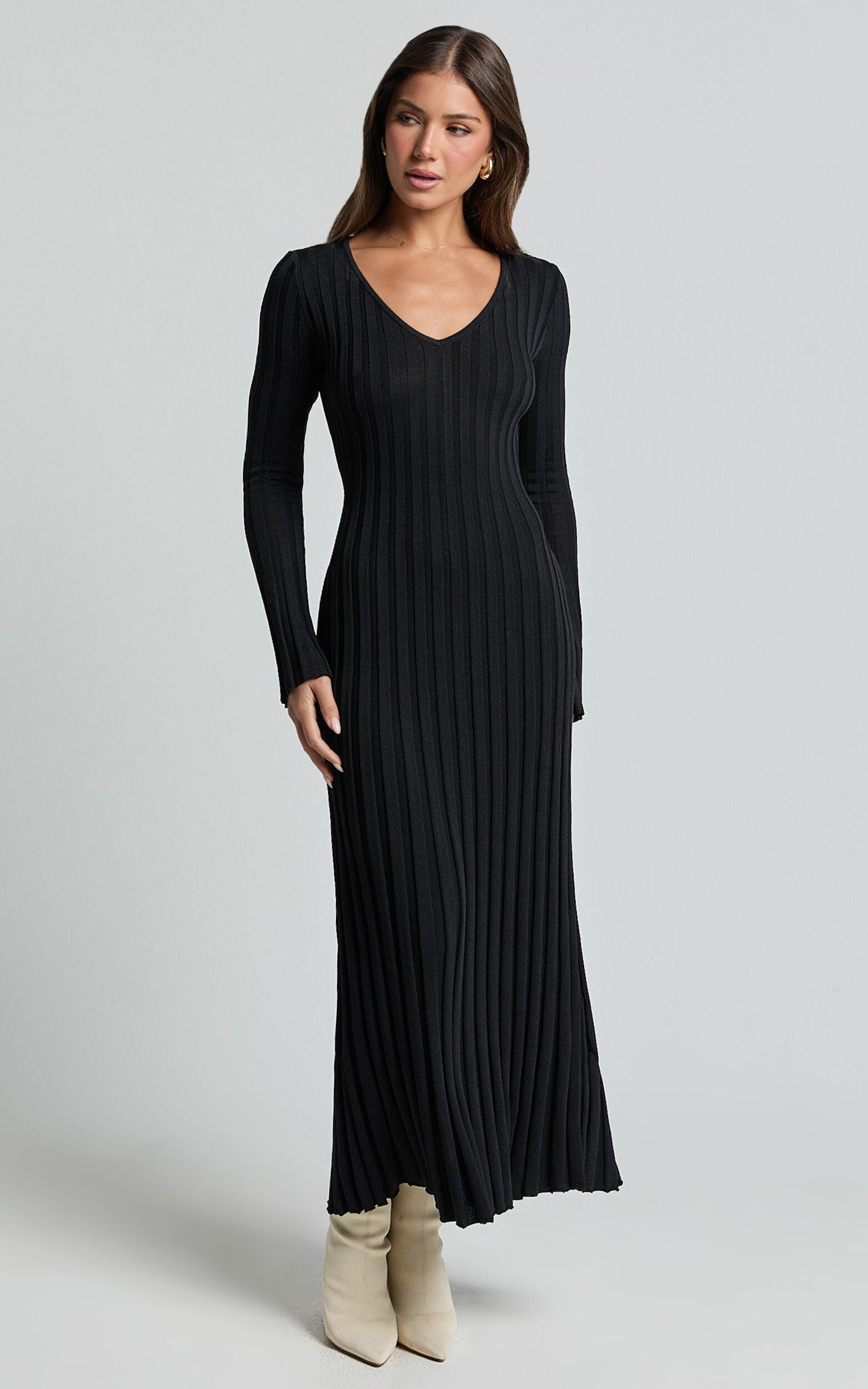 Astra Midi Dress - V Neck Long Sleeve Knit Dress in Black Product Image