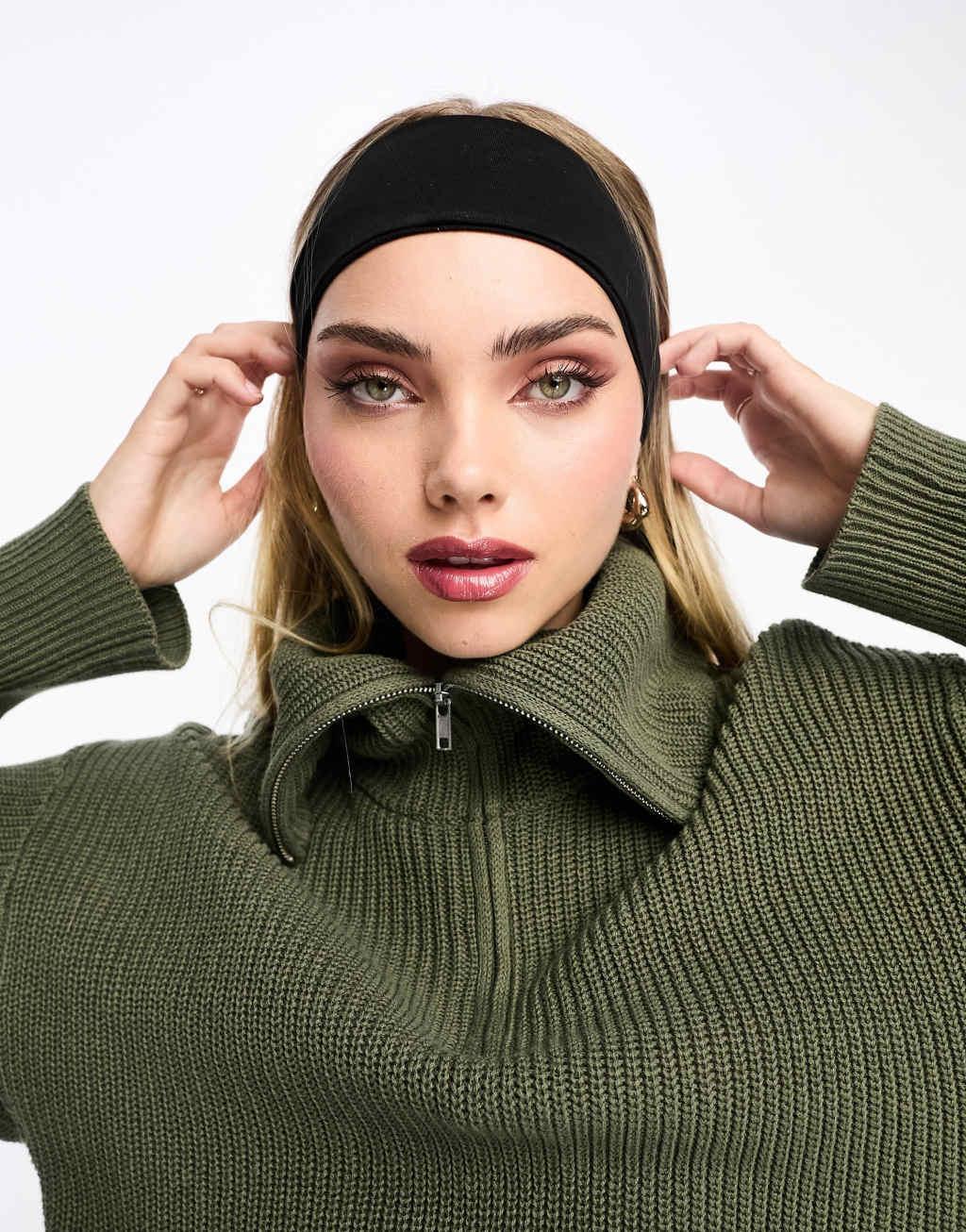 Monki high zip neck knitted sweater in khaki Product Image