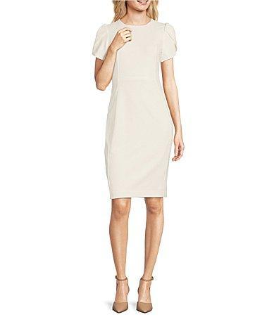 Calvin Klein Crew Neck Short Tulip Sleeve Solid Sheath Stretch Dress Product Image