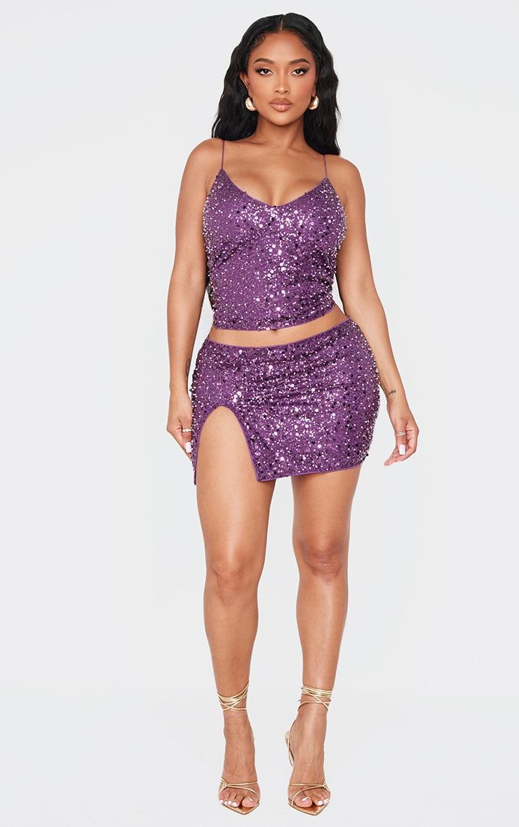 Shape Purple Pearl Sequin Low Rise Side Split Mini Skirt Product Image