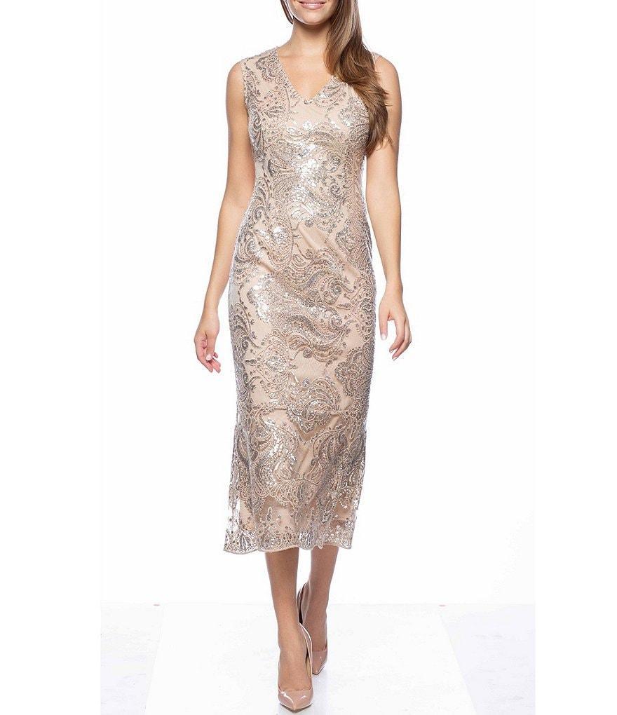 Marina Sleeveless V-Neck Sequin Lace Midi Dress product image