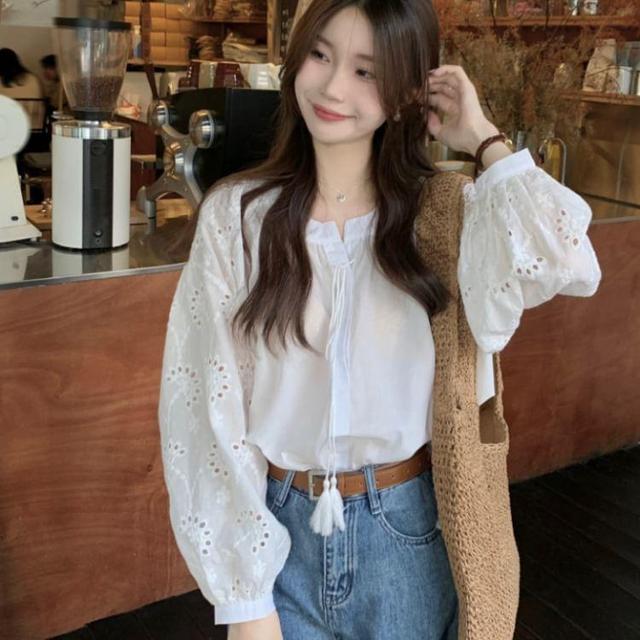 Puff-Sleeve Plain Tasseled Eyelet Lace Blouse Product Image