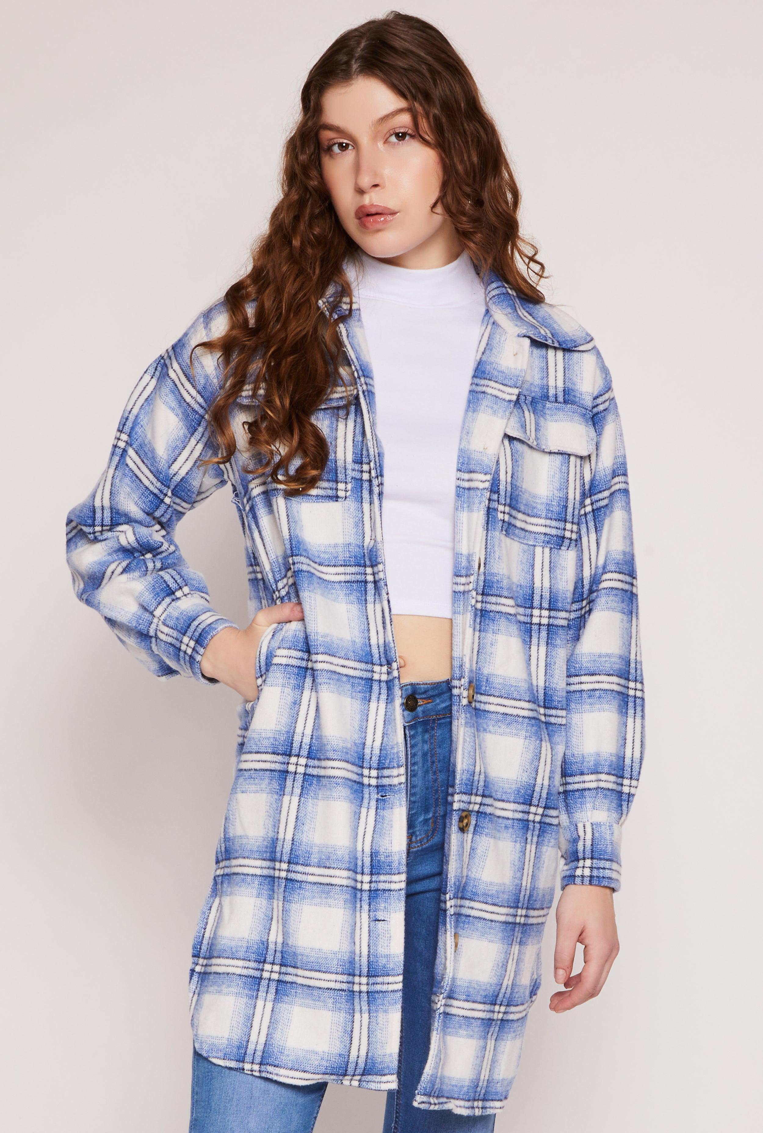 Womens Spoon Jeans Plaid Brushed Knit Long Shacket Product Image