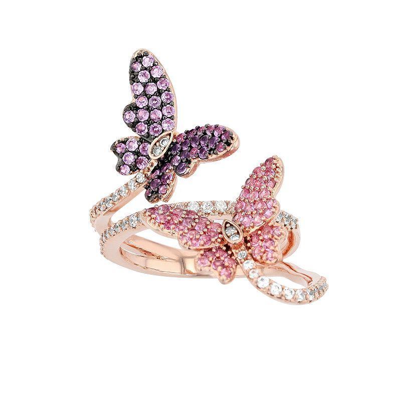 18k Rose Gold Over Silver Pink & Purple Cubic Zirconia Butterfly Ring, Womens Multicolor Product Image