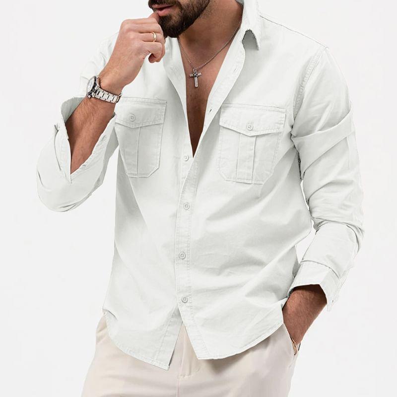 Long-Sleeve Plain Button-Up Cargo Shirt Product Image