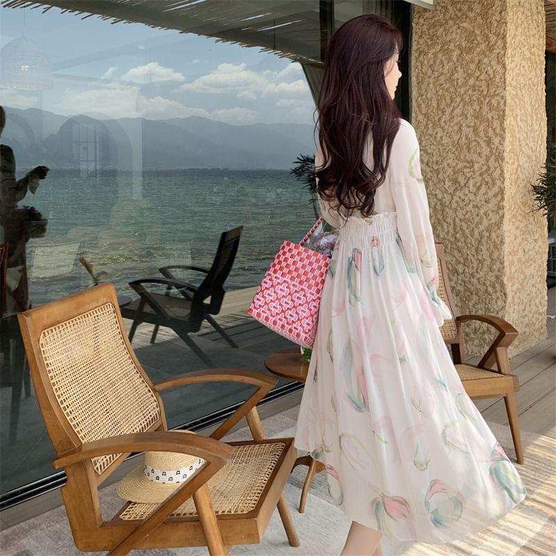 Long Sleeve Square Neck Floral Print Ruched Panel Tie-Up Midi A-Line Dress Product Image