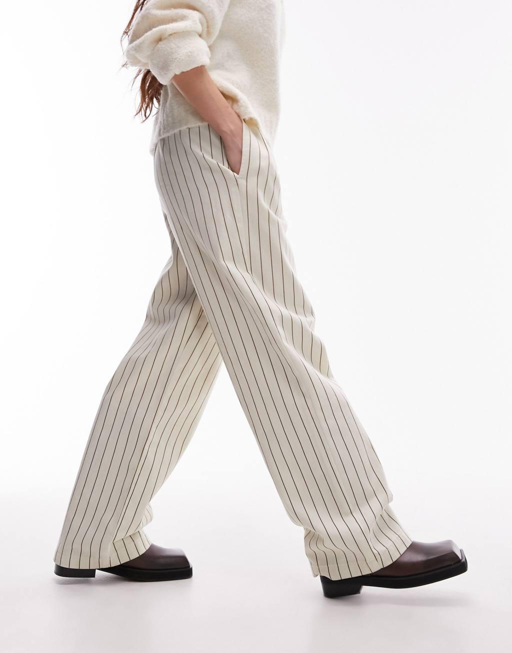 Topshop stripe pull on straight leg pants in ecru Product Image