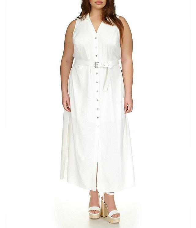 Michael Kors Plus Size Linen Point Collar V-Neck Sleeveless Button Front Belted A-Line Maxi Dress Product Image