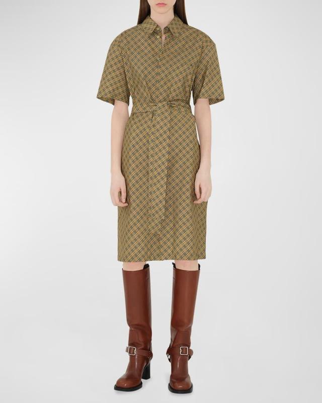 Check Short-Sleeve Belted Midi Shirtdress Product Image