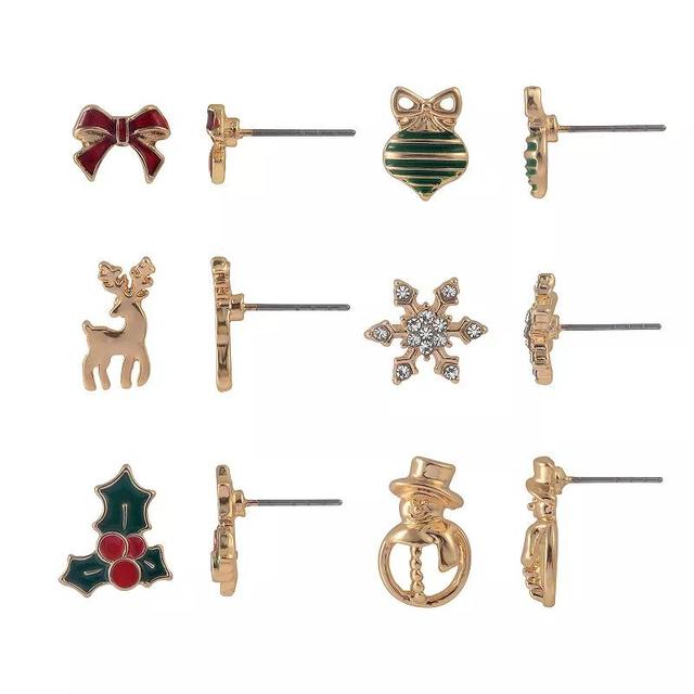 Celebrate Together Gold Tone Red Bow, Snowflake, Holly Stud Earrings 6-Piece Set, Womens, Green Product Image