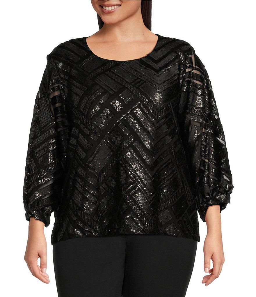 Calvin Klein Plus Size Mesh Knit Lined Geo Print Crew Neck Long Sleeve Top product image