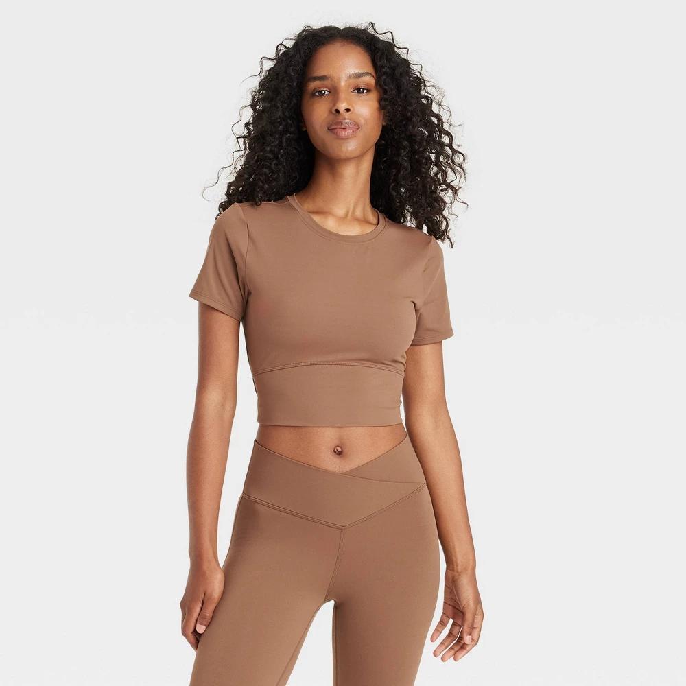 Womens Cropped Short Sleeve Shirt - JoyLab Brown XL Product Image