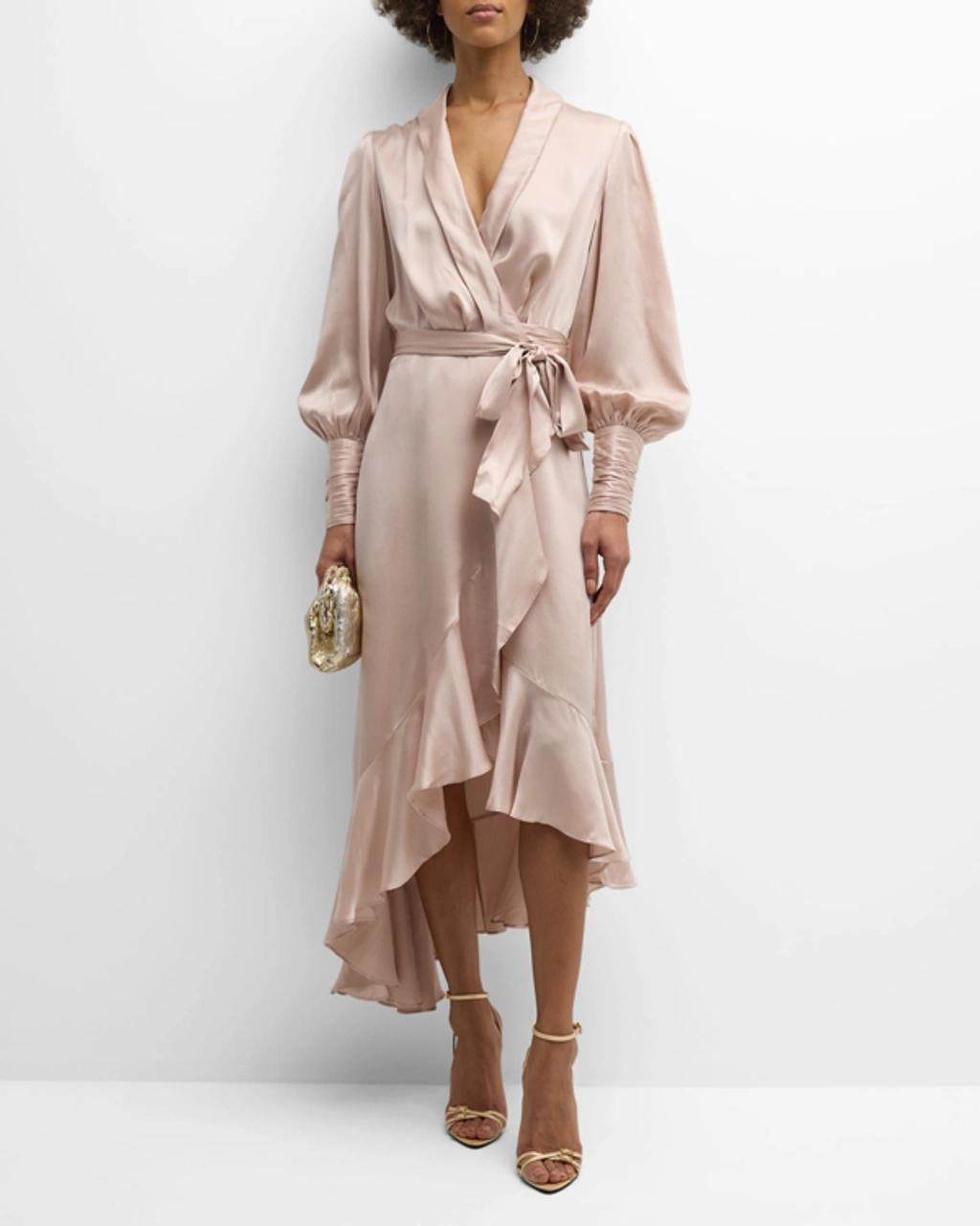 Asymmetric Ruffled Silk-satin Midi Wrap Dress In Ptl Product Image