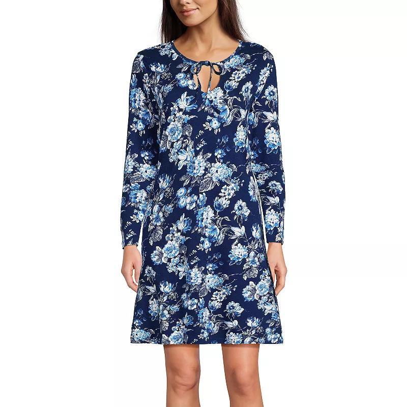 Womens Lands End Cotton Interlock Long Sleeve Nightgown Blue Linework Floral Product Image