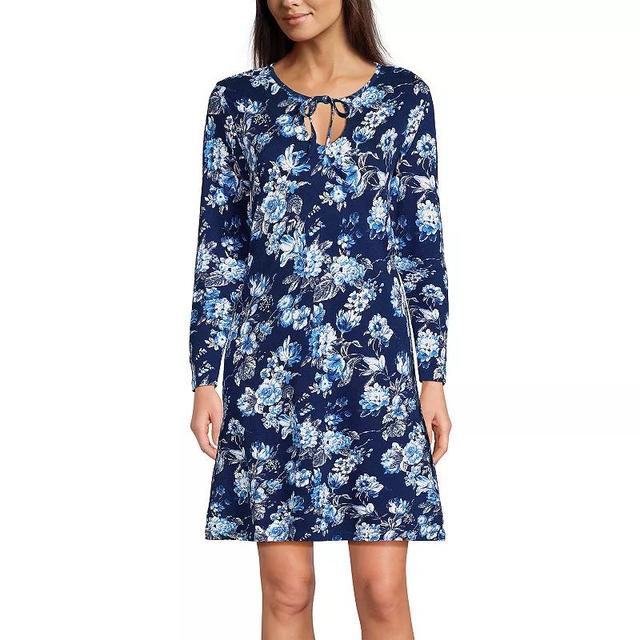 Womens Lands End Cotton Interlock Long Sleeve Nightgown Blue Linework Floral Product Image