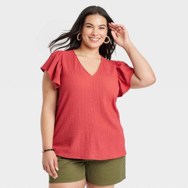 Womens Flutter Short Sleeve V-Neck T-Shirt - Ava & Viv Rose Red XXL Product Image