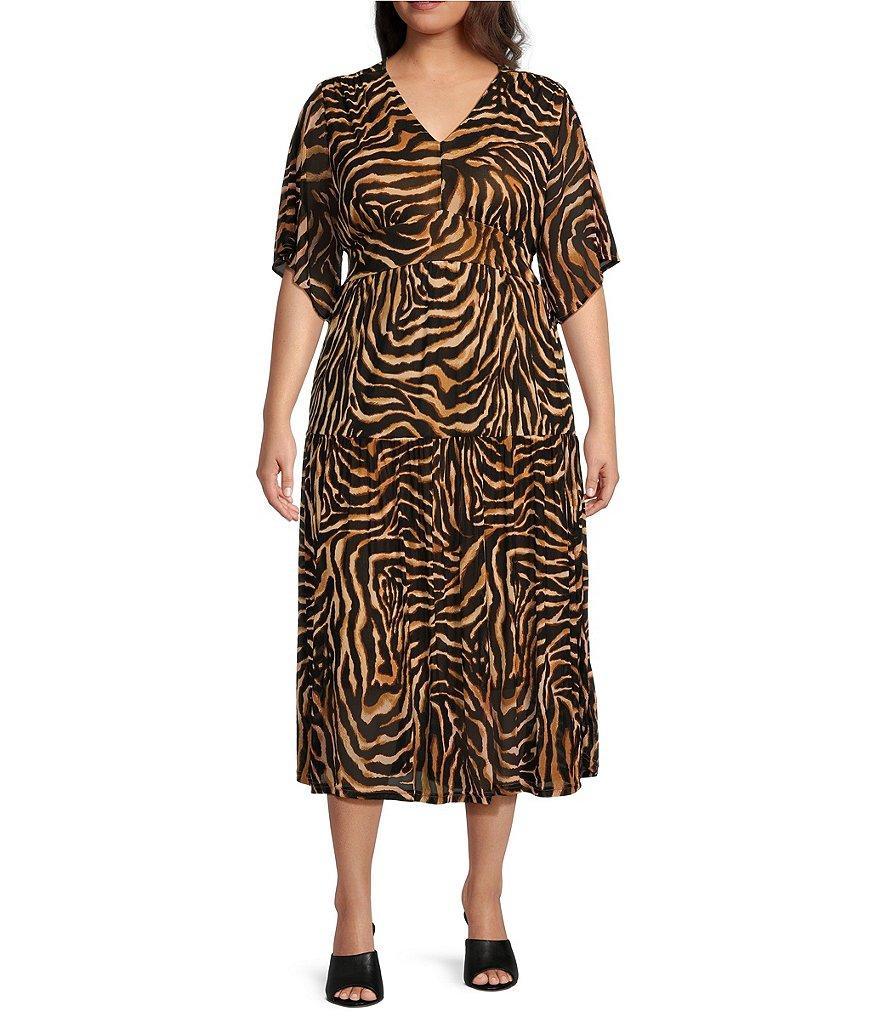 Calessa Plus Size Stretch Mesh Tiger Print V-Neck Flutter Sleeve Tiered Hem Midi Dress Product Image