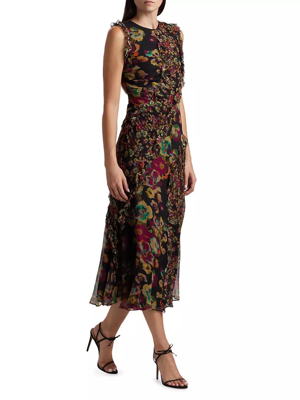 Avrelie Floral Silk Ruffled Midi-Dress Product Image