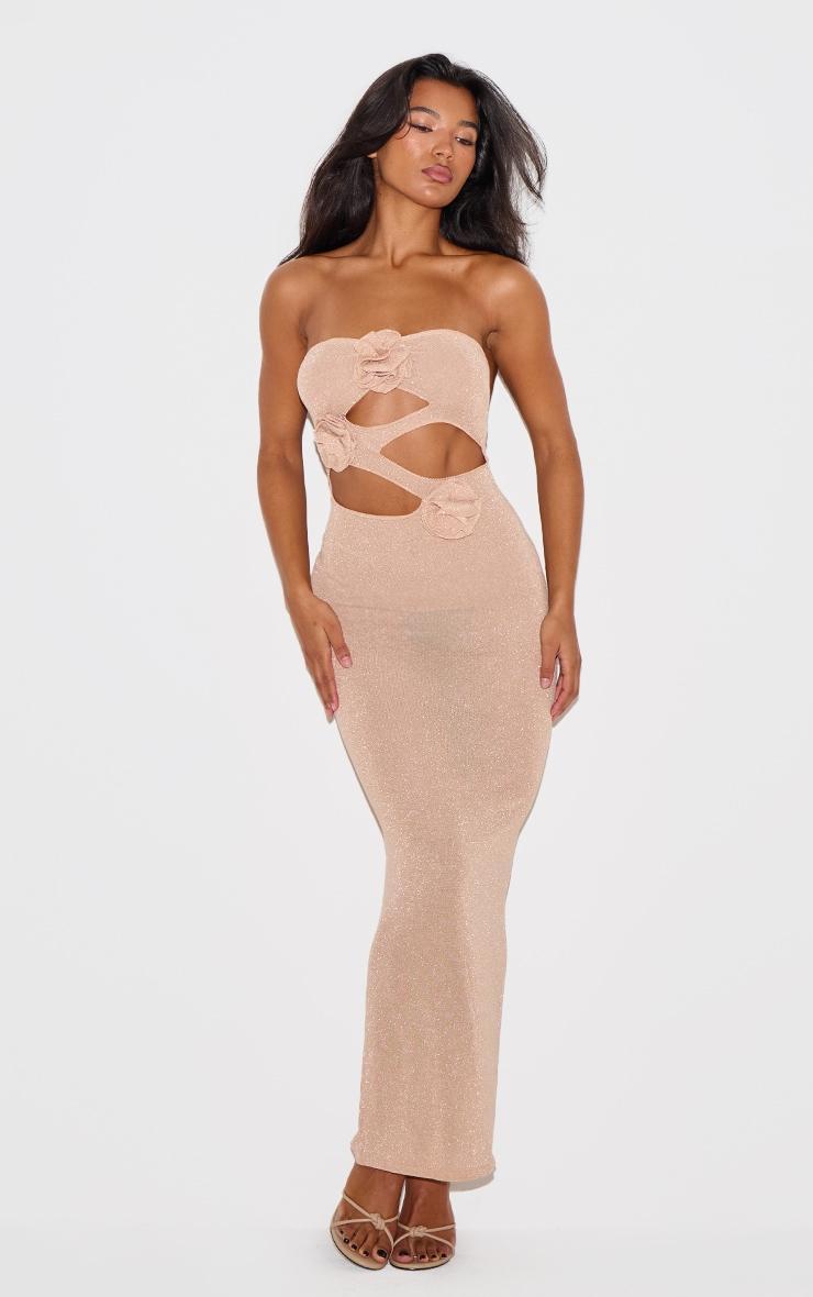 Champagne Sheer Glitter Knit Cut Out Corsage Bandeau Maxi Dress Product Image