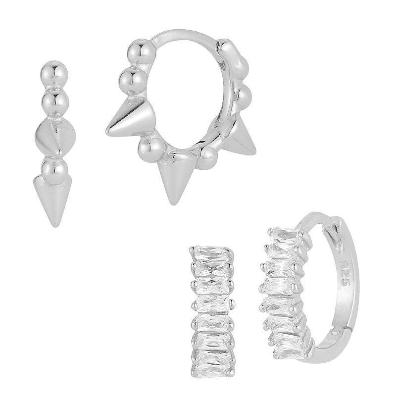 Sunkissed Sterling Cubic Zirconia Spike Huggie Hoop Earring Set, Womens, Silver Product Image