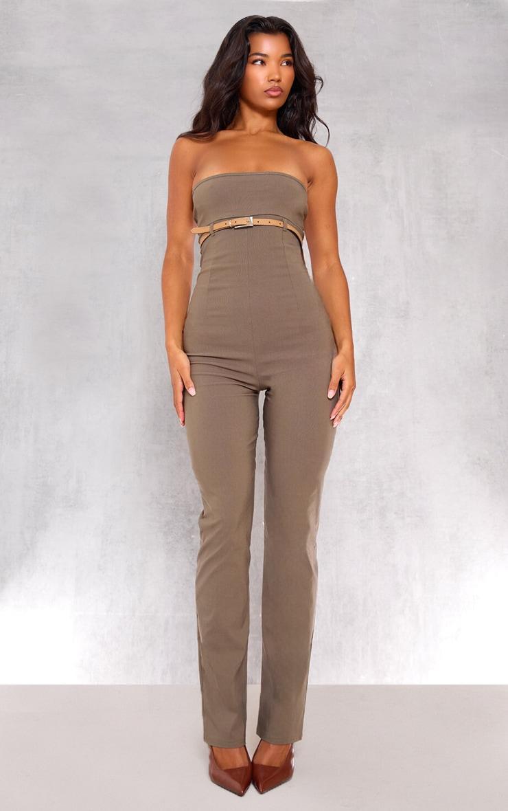 Khaki Stretch Woven Belted Bandeau Jumpsuit Product Image