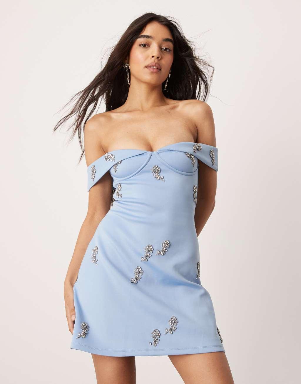 ASOS DESIGN cupped bardot mini dress with floral embellishment in pale blue Product Image