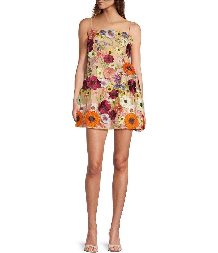 Antonio Melani Sunny Multi Floral Applique Embroidered Sleeveless Spaghetti Strap Fit and Flare Mini Dress Product Image