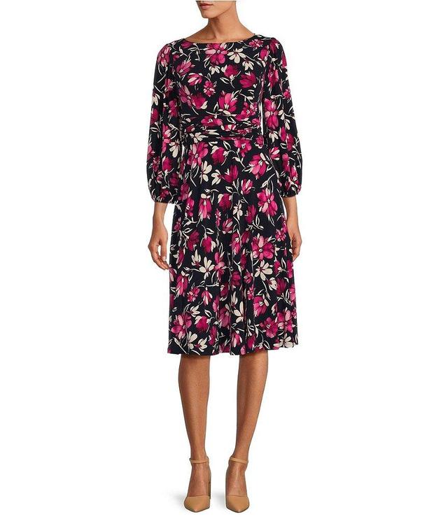 Jessica Howard 3/4 Balloon Sleeve Boat Neck Ruched Waist Floral Sheath Dress Product Image