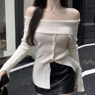 Long Sleeve Off-Shoulder Ribbed-Knit Sweater Product Image