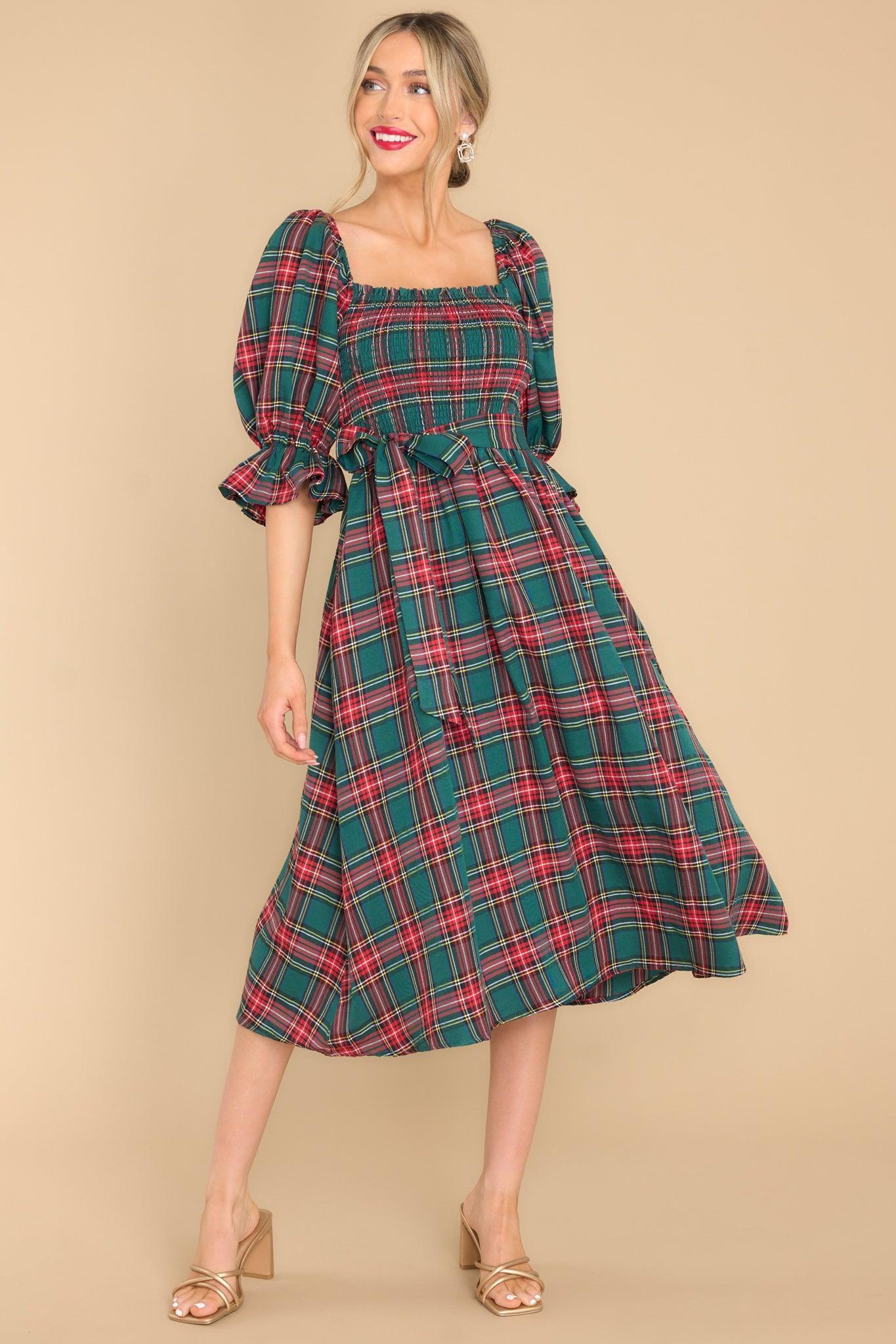 Aura Wishful Wonderland Emerald Plaid Midi Dress Green Product Image