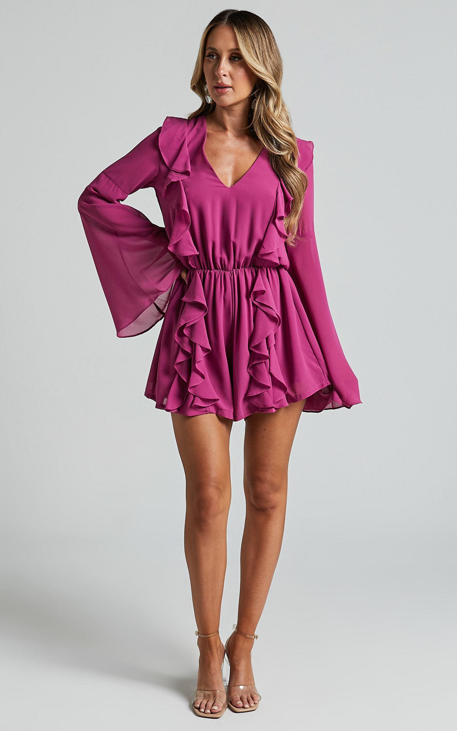 Zella Playsuit - Plunge Ruffle Detail Long Sleeve in Grape Product Image