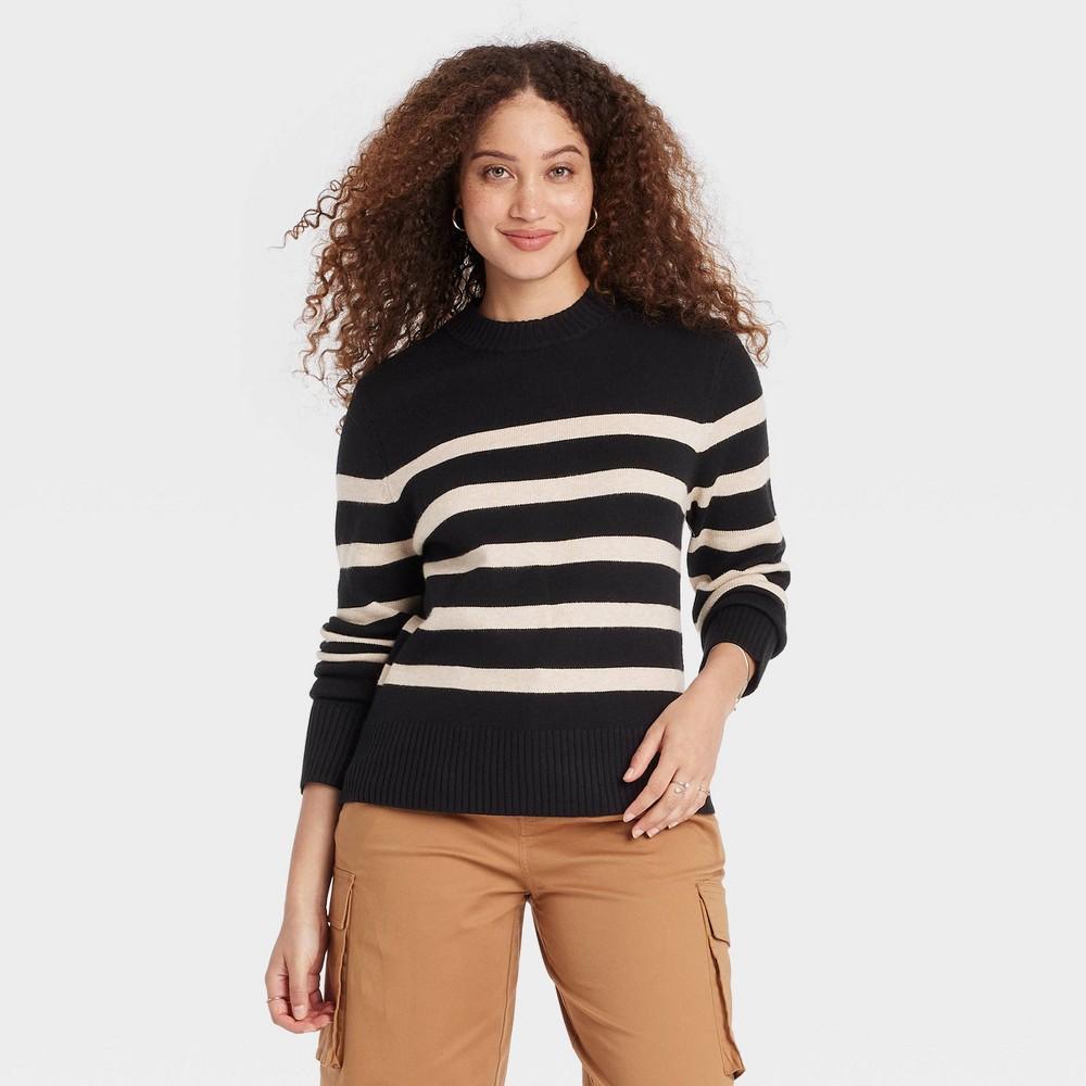 Women's Crewneck Pullover Sweater - A New Day™ Black Striped S Product Image