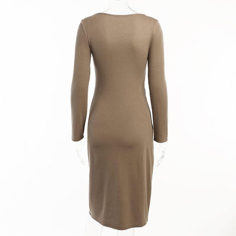 Long Sleeve Square Neck Plain Ruched Slit Maxi Sheath Dress Product Image