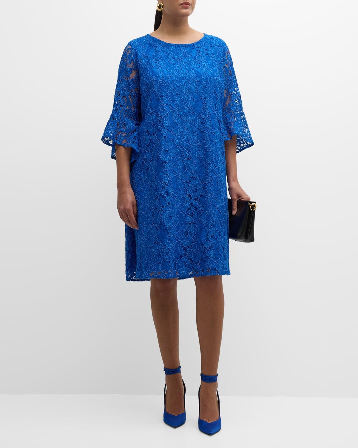 Caroline Rose Plus Size Julia Floral Lace 34 Ruffled Bell Sleeve Shift Dress Product Image