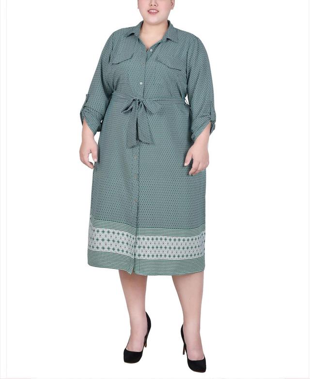 Ny Collection Plus Size 3/4 Roll Tab Sleeve Belted Shirtdress Product Image