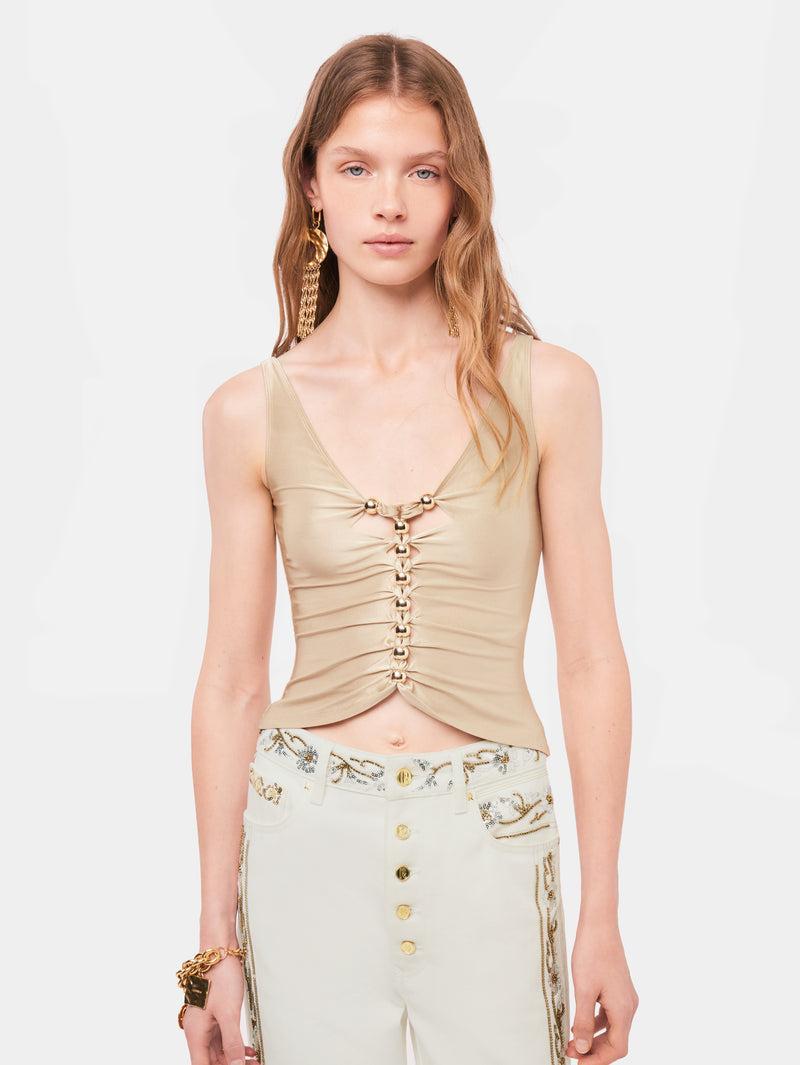 Drapped raffia colored top with metallic details product image