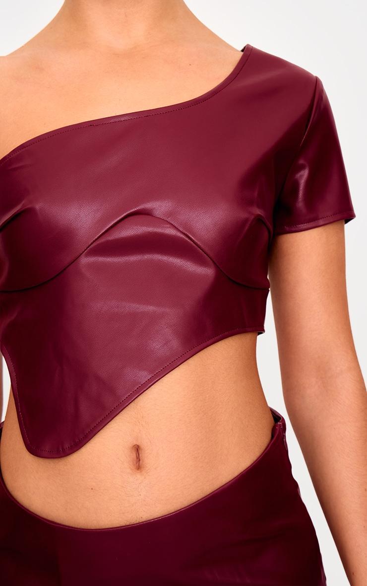 Burgundy Faux Leather One Shoulder Asymmetric Crop Top Product Image