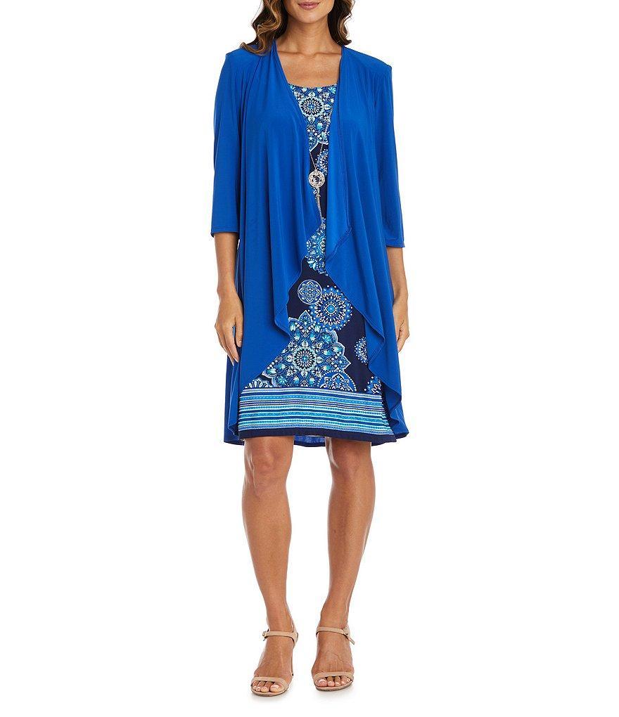 R & M Richards 3/4 Sleeve Crew Neck Patterned 2-Piece Flutter Jacket Dress Product Image