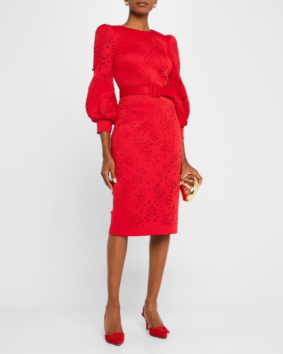 Blouson-Sleeve Paisley Cutout Dress Product Image