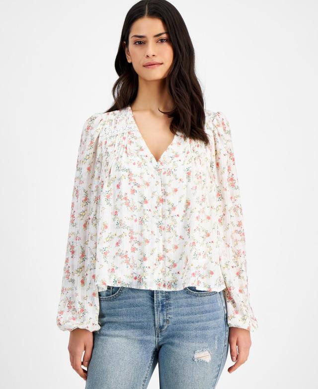 Women's Floral-Print Pleated Lace-Trim Blouse Product Image