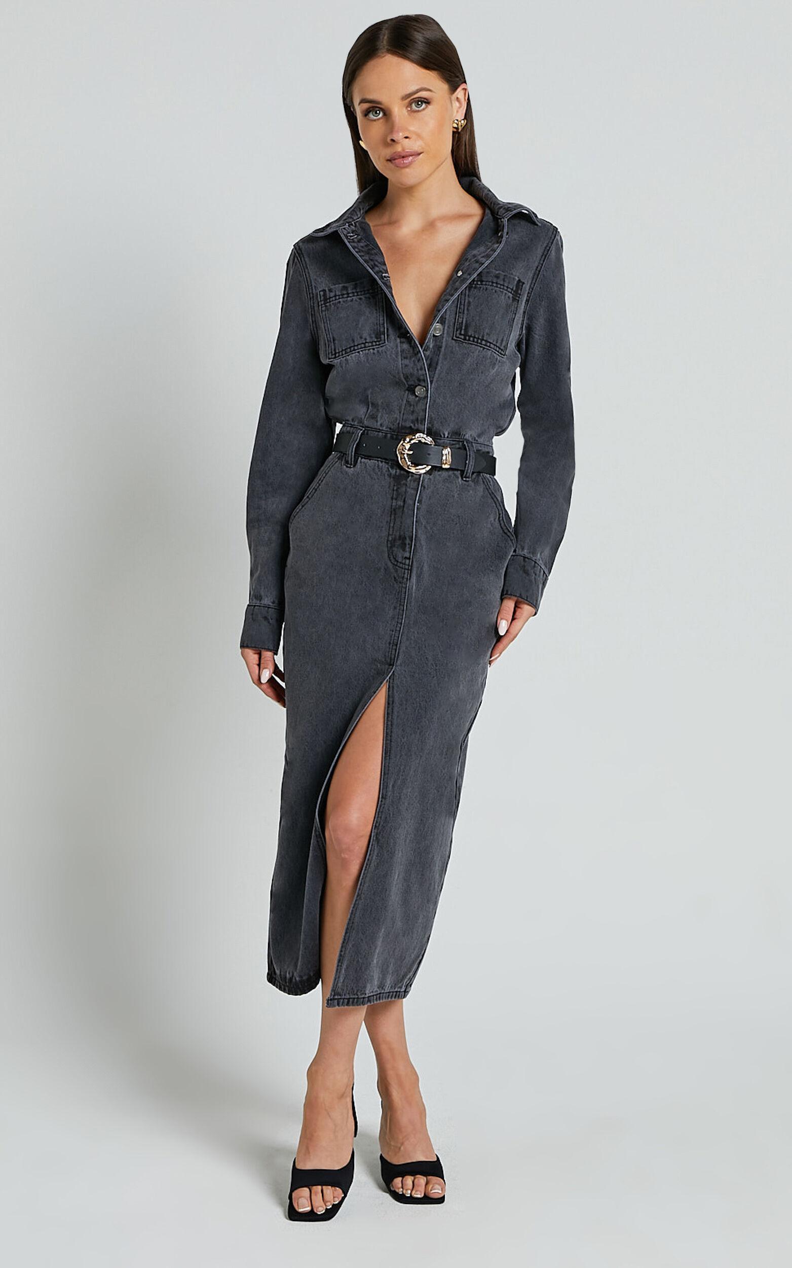 Alison Midi Dress - Long Sleeve Front Split Denim Dress in Washed Black Product Image