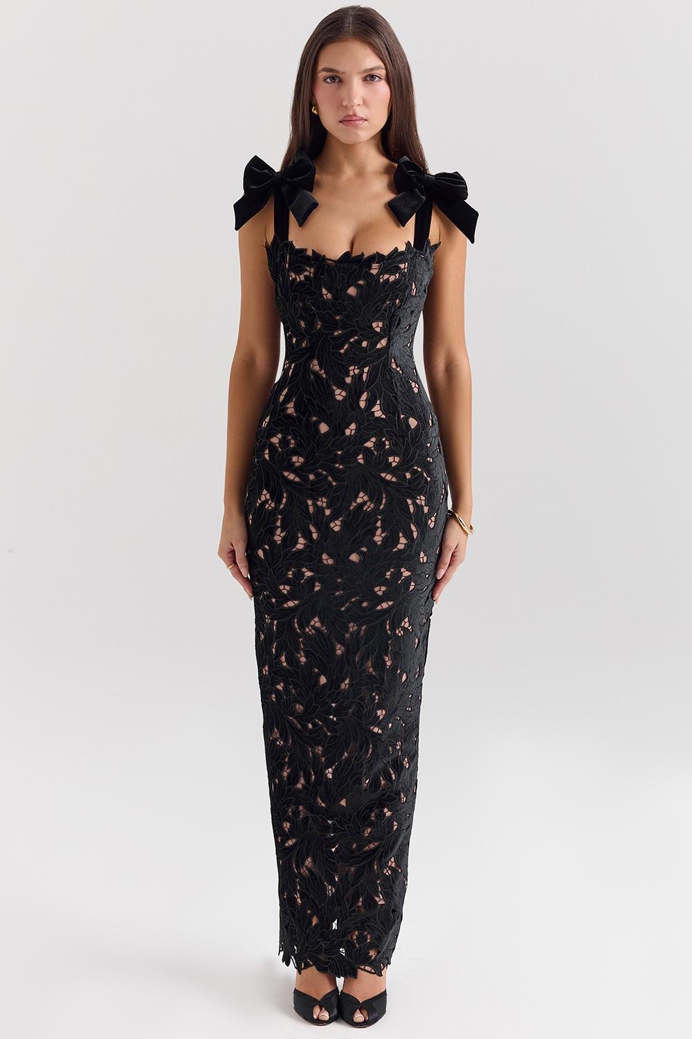 Tiff Black Velvet Lace Maxi Dress Product Image