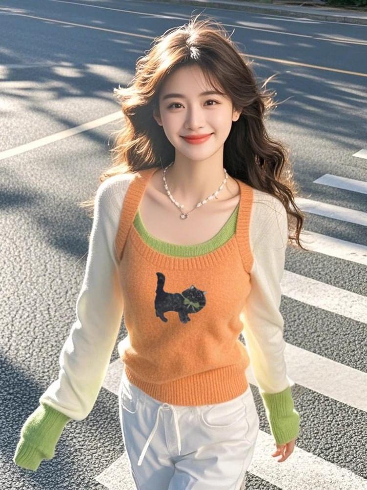 Long-Sleeve Scoop Neck Mock Two-Piece Color Block Knit Top Product Image