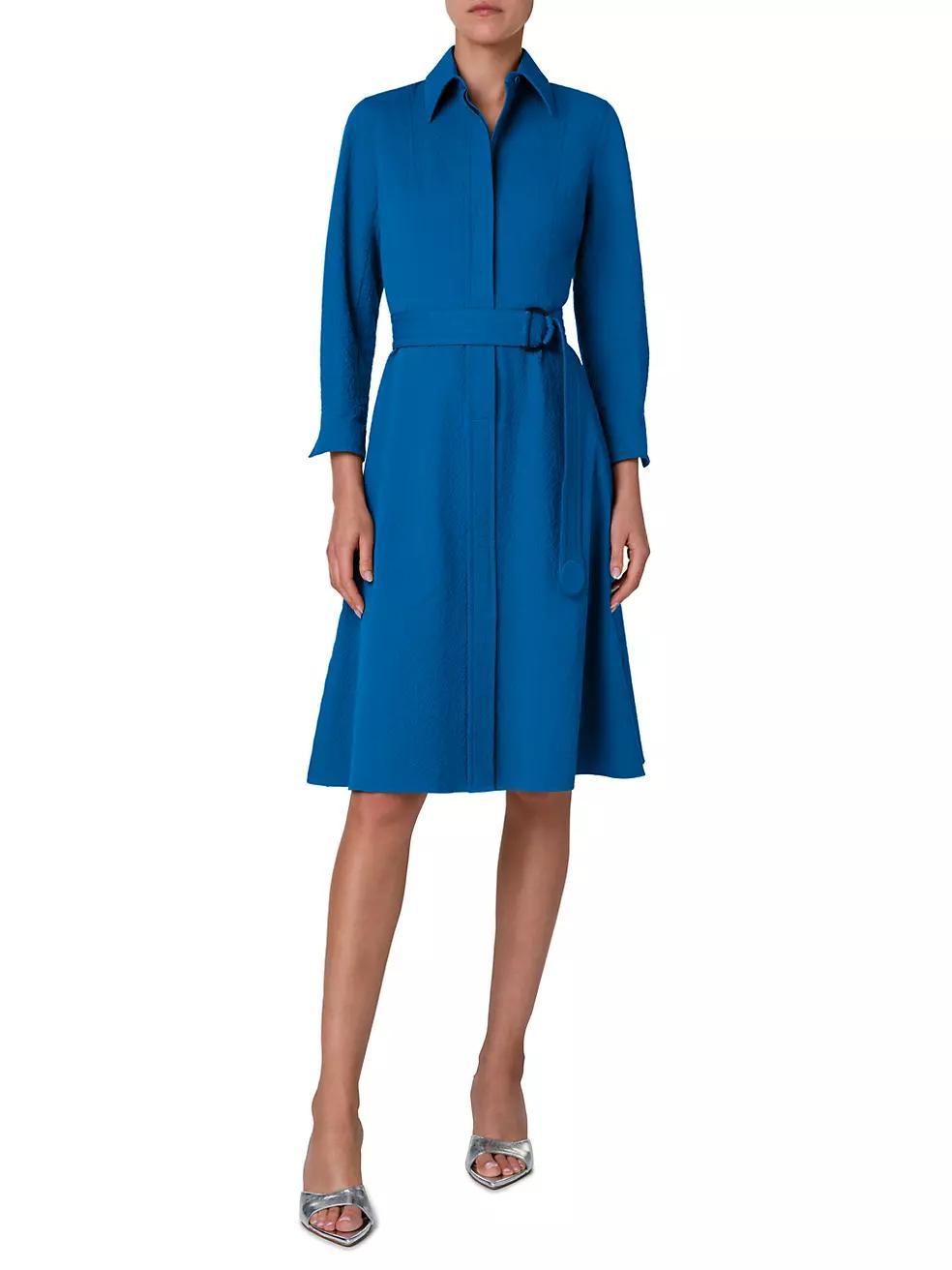 Belted Seersuckered Cotton Knee-Length Dress Product Image