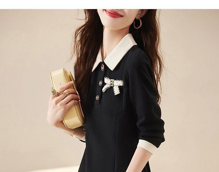 Long-Sleeve Collar Henley Two Tone A-Line Dress Product Image